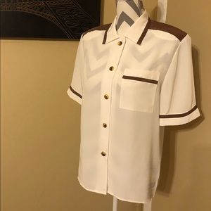Retro brown/white button up blouse by Leslie Fay